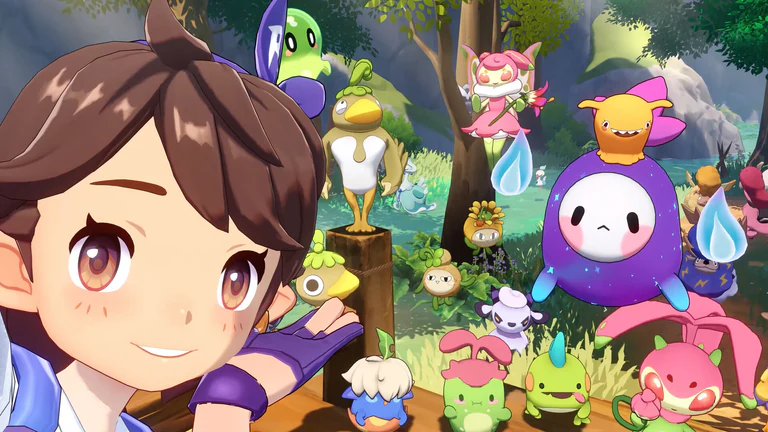 A smiling Roco and colorful Jinies gather in a wooded area.