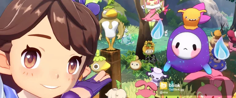 A smiling Roco and colorful Jinies gather in a wooded area.