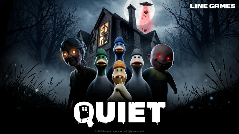 QUIET official key art showing alien ducks and the eerie mansion