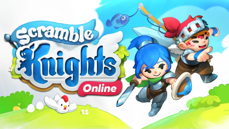 Scramble Knights Online key art featuring two adventurers and a chicken